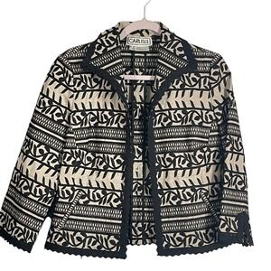 VTG Carlisle Linen Embroidered Textured Jacket Black‎ Ivory Trim Boho Classic 8